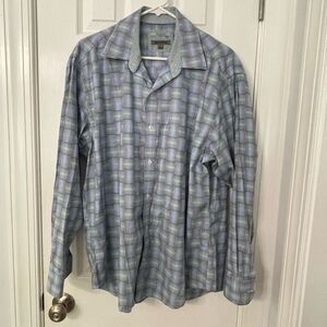 Johnston & Murphy Tailored Fit Dress Shirt – Green Blue Plaid, Size Large
